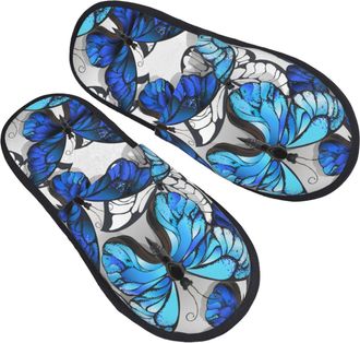 Generic Slipper Blue And White Butterflies Unisex Fuzzy Slippers Cozy Cotton Slipper For Home Ladies Room L