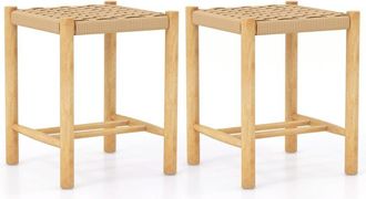 Costway Costway - Juego de 2 Taburetes de Bar, Estructura de Madera de Goma y Asiento de Papel Tejido, Taburete sin Respaldo Rústico para Comedor, Cocina, 36