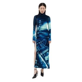 Jean Paul Gaultier Fluwelen Gathered Jurk Mode Fictie Collectie - Dames - Maxi kleedjes - Blauw - XS - Polyester - Kleedjes