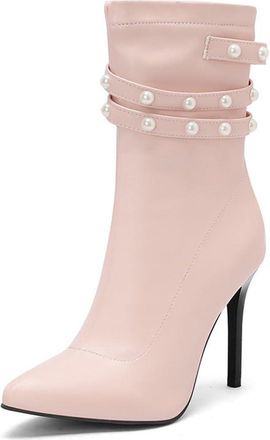 Generic Womens Fashion Pointed Toe Dressy Ankle Boots Zipper Stiletto High Heels Pearls Elegant Pumps Shoes for Party Wedding (Pink,8.5)
