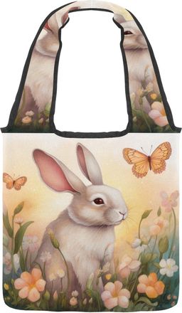 Generic Watercolor Floral Rabbit Reversible Canvas Shoulder Tote - Double-Sided Print, 12oz Cotton, 27cm Drop, Fold-Flat Bag for Travel, Shopping, Street Outi