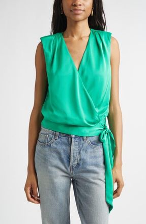 Ramy Brook Salina Sleeveless Satin Wrap Top in Bright Palm at Nordstrom, Size Xx-Small
