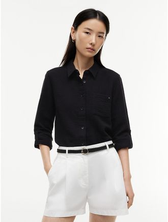 Tommy Hilfiger Womens Gauze Roll-Tab Pocket Shirt - Black - XXL