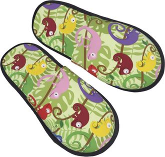 Generic Camping Slippers Green Lizard Chameleon Non-Slip Fuzzy Slippers Unisex House Shoes For Guest Room Indoor Bedroom M