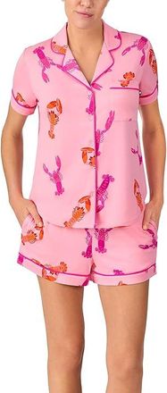 Kate Spade New York Short Sleeve Brushed Jersey Notch Boxer Pajama Set Womens Pajama Sets Pink Print : MD, Modal/Spandex
