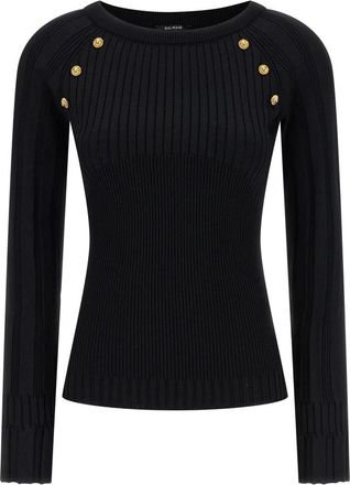 Balmain Round-neck Knitwear, female, Black, M, Knit Top with Buttons