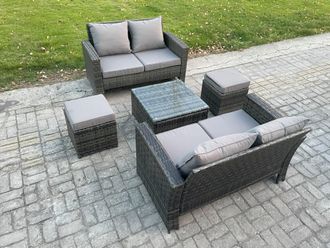 Fimous Rattan Garden Furniture Set 5 piece Patio Rattan Furniture Sofa Weaving Wicker includes 2 Double Seat Sofa, Coffee Table & 2 Small Footstools