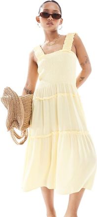 Vero Moda Petite shirrted cami midi dress in pale banana-Yellow