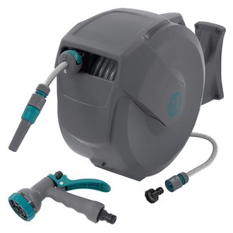 ECD Germany Carrete De Manguera 30m + 2m Extensible De Pvc Enrollador Autom&aacute;tico Portamanguera Con Bloqueo Y 9 Funciones De Pulverizaci&oacute;n, Tambor De Pared Girator