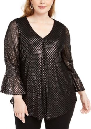 Alfani Womens Metallic Knit Cross Top Black Size 0X
