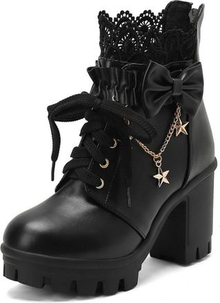 Generic Womens Lace-Up Chunky Heel Ankle Boots with Bow Detail,Lolita Style,Black,1.5 UK