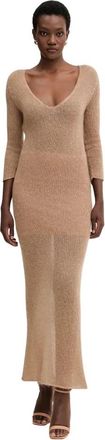 Liviana Conti Clotilde V-neck Split Maxi Jurk - Dames - Kleedjes - Bruin - M - Wol - Kleedjes