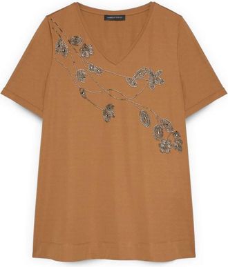 Fiorella Rubino Katoenen T-shirt met bloemenborduursel - Dames - T-shirts - Bruin - XL - Katoen - Tops
