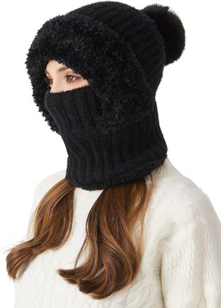 Feoya Knitted Thermal Balaclava Multifunctional Winter Fleece Hat with Neck and Face Cover Windproof Warm Beanie Cap with Hairball Black
