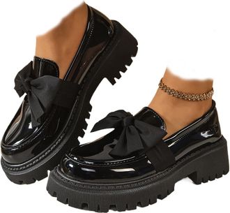 Generic 2026 New Womens Cute Bowknot Design Loafers Bowknot Slope Heel Chunky Heel Shoes Fashionable Solid Color Slip on Loafers Lightweight Business Office W