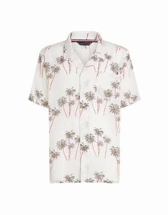 Tommy Hilfiger Mens Tommy Hilfiger Palm Tree Bowling Shirt, Ivory Silk - White - Size: Regular/36/30/31