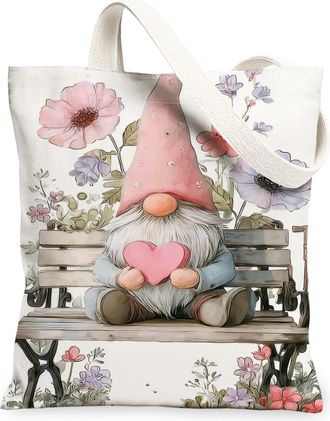 Generic Floral Canvas Tote Bags, Gnome Design Reusable Grocery Bags, Spring Vintage Chic Lightweight Washable Shoulder Strap Canvas, White, 13x15 Inch