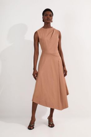 Karen Millen Womens Tall Tailored Drapey Bodice Asymmetric Midi Dress - Beige - Size 10 UK