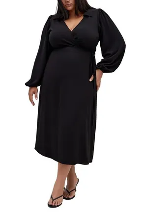 City Chic Arizona Long Sleeve Wrap Dress in Black at Nordstrom, Size 14W