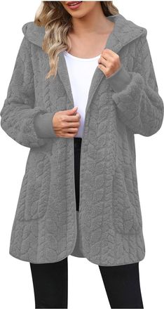 Generic Womens Fleece Jacket Fall Winter Casual Hooded Jackets Fuzzy Sherpa Open Front Cardigans Mid Length Warm Long Sleeve Coats Solid Color Teddy Outerwear