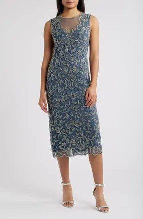 Pisarro Nights Beaded Floral Cocktail Midi Dress in Grey at Nordstrom Rack, Size 18 (Similar To 14W)
