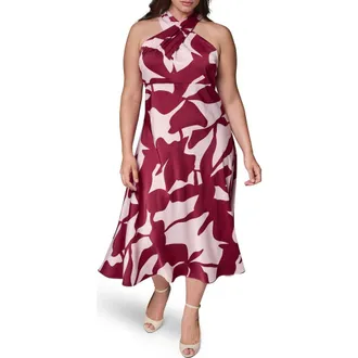 DKNY Print Twist Front Halter Midi Dress in Sangria/li at Nordstrom, Size 20W