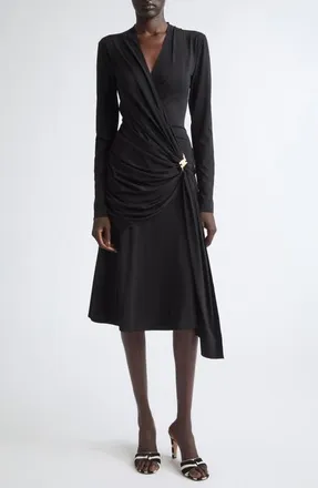 Ferragamo Long Sleeve Wrap Dress in Nero at Nordstrom, Size 42