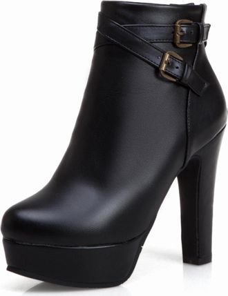 Generic Womens Buckle Detailed Ankle Boots Round Toe Platform Block Heels Faux Leather Multi Color Comfortable Non Slip Wear Resistant Party Evening Dress Sho