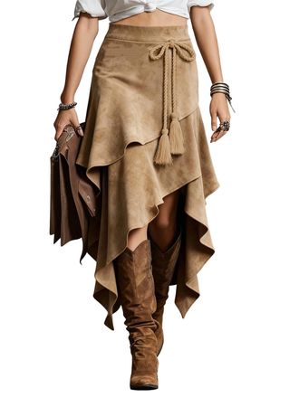 Generic Suede Long Skirt with Asymmetrical Ruffle Hem Ladies Vintage Cowgirls High Waisted Flowy Irregular Midi Skirt