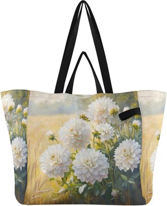 Generic Flower Golden Field print Reusable Canvas Tote Bag, Heavy Duty Grocery Shopping Bag with Hard Bottom Large Capacity Double Handles Work Groceries Trav
