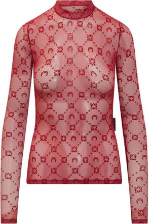 Marine Serre Moonogram Mesh Flock Highneck Top - Dames - Longsleeves - Rood - M - Tweed - Tops