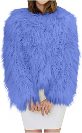 Generic Womens Shaggy Faux Fur Coats Winter Warm Long Sleeve Open Front Cardigan Luxury Fluffy Plush Outerwear Jackets Blue