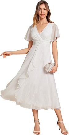 Ever-pretty Women Dress Ruched V Neck Lotus Leaf Bridesmaid Wedding Guest Dresses Cream 10UK