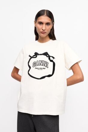 Ganni White Ivory Relaxed Bow T-shirt - Size S Organic Cotton
