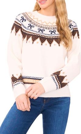 CeCe by Cynthia Steffe Bow Fair Isle Ribbon Detail Crewneck Sweater in Toasted at Nordstrom, Size Xx-Small