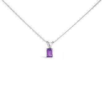 House of Brilliance 14K White Gold 6x4MM Emerald Cut Purple Amethyst Solitaire Pendant Necklace