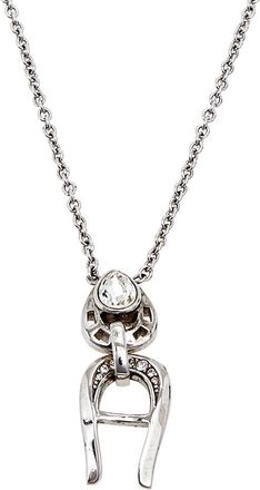 Aigner Silver Tone Crystal Logo Drop Pendant Necklace