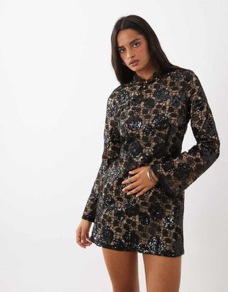 Ra-Re London mini dress in pizzo con paillettes e dettaglio alla coreana nero
