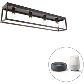QAZQA Industrial L&aacute;mpara De Techo Inteligente Negra 99,5 Cm Con 4 Wifi A60 - Cage Acero Rectangular /alargada Adecuado Para Led Max. 4 X 4.9 Watt - Qazqa