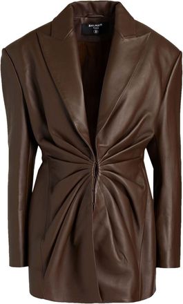 Balmain Brown Ruched Leather Blazer Size XS