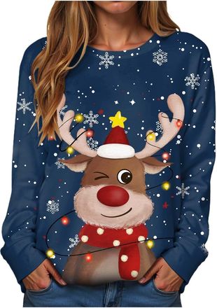 Generic 2025 Christmas Jumpers for Women Cute Reindeer Print Sweatshirt Loose Funny Christmas Jumpers Long Sleeve Crewneck Ugly Shirt Ladies Fashion Hoodies S