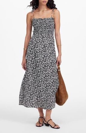 Madewell Floral Smocked Square Neck Midi Sundress in Abstract Leaf Black Ivory at Nordstrom Rack, Size 12