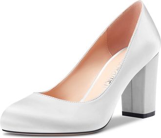 Castamere Women Chunky Block High Heel Round Toe Slip-on Pumps Court Shoe Wedding Party Dress 8 CM Heels Shoes White Satin 2.5 UK
