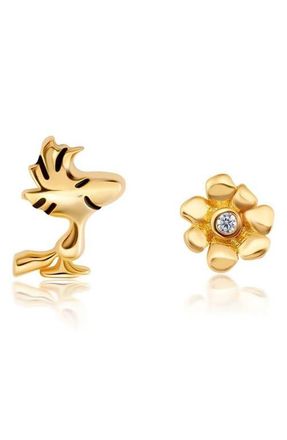 Crislu x Peanuts Woodstock & Flower Mismatched Stud Earrings in 18Kt Yellow Gold /Clear Stone at Nordstrom