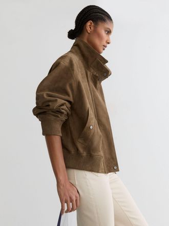 Reiss Neutral Suede Funnel-neck Bomber Jacket, 18