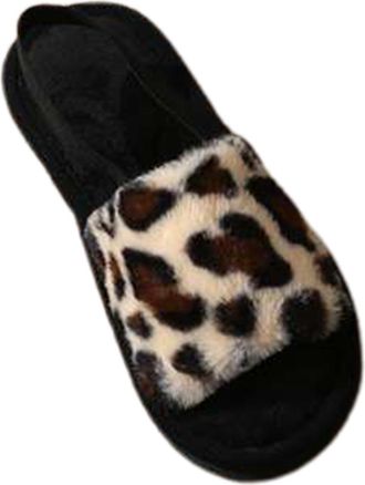 Generic Womens Slippers Fashion Winter Indoor Outdoor Cozy Faux Leopard Print Shoes With Elastic Band For Warm Comfort Home Use Ladies Cozy Slippers(Beige, 9-