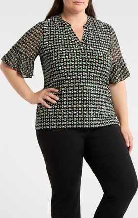 Anne Klein Geo Pattern Split Neck Knit Top in Anne Black Multi at Nordstrom, Size 0 X