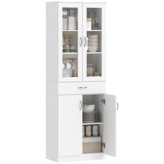 HOMCOM Homcom Alacena De Cocina, Mueble Auxiliar De Cocina Con Puertas De Vidrio, Caj&oacute;n, Estantes Ajustables, Para Comedor, Sal&oacute;n, Blanco, 60x35x180 Cm