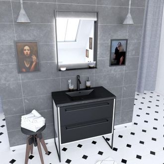 Aurlane Aurlane - Mueble De Ba&ntilde;o 80x50 Blanco - 2 Cajones - Lavabo Negro Piedra - Espejo Led