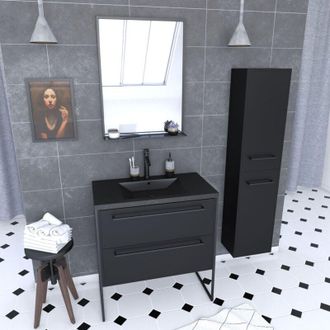 Aurlane Pack Mueble Ba&ntilde;o 80x50 Negro - 2 Cajones - Lavabo Negro - Espejo - Columna